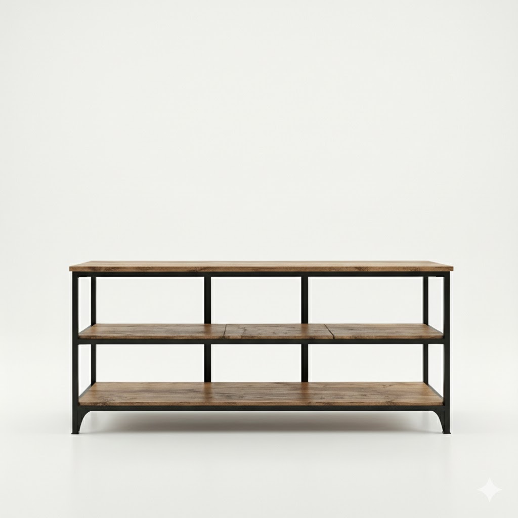 Mesa de Estilo Industrial con Estantes - Hierro y Madera Maciza - Image 2